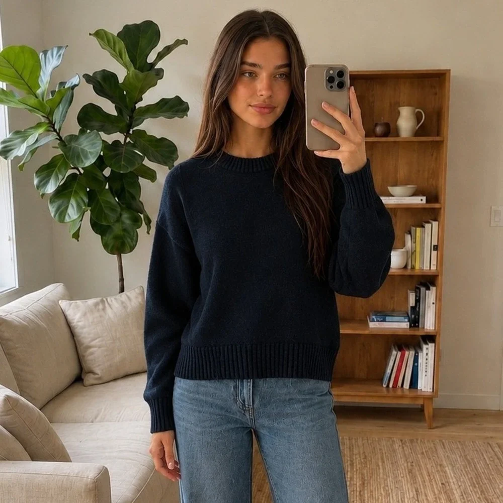 Womens Wool Sweater Small Navy Crewneck Oversized Cropped Boxy Preppy Classic